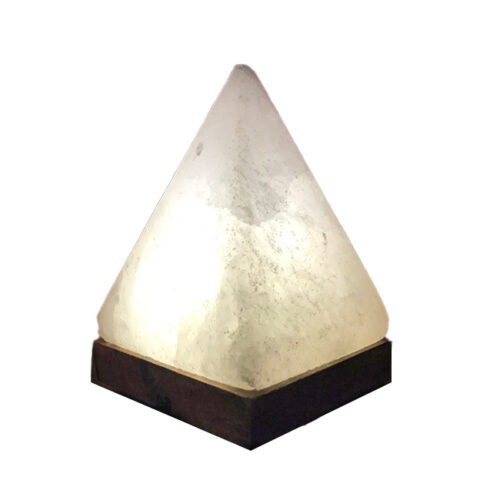 Лампа от хималайска сол - USB малка пирамида с дървена основа, бяла